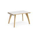 Dams Fuze Single Desk in white and oak finish, featuring a sleek modern design with a spacious workspace and sturdy construction.