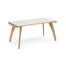 Dams Fuze Single Desk in white with oak finish, showing a sleek modern workspace with a spacious tabletop and minimalist design.