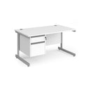 White Dams Contract 25 800mm deep straight desk with 2 drawer pedestal and cantilever leg, shown from the front.