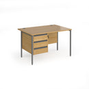 Dams Contract 25 oak straight desk with 800mm depth, three-drawer pedestal, and H-frame legs, shown in a modern office setting.