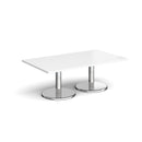 White Pisa rectangular coffee table with a round chrome base by Dams, showcasing a modern living room setup.