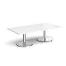 White Pisa rectangular coffee table with round chrome base by Dams, modern living room furniture.