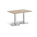 Rectangular Dams Pisa dining table with round chrome bases and Barcelona Walnut finish, showcasing modern wood and metal design.