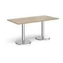 Dams Pisa rectangular dining table with round chrome bases and Barcelona walnut finish, showcasing a modern, stylish design.