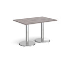 Dams Pisa rectangular dining table with grey oak surface and round chrome bases, modern kitchen or dining room furniture.