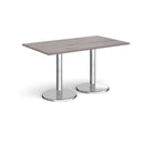 Dams Pisa rectangular dining table with grey oak top and round chrome bases, modern kitchen or dining room furniture.
