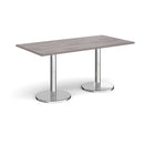 Dams Pisa rectangular dining table with grey oak surface and round chrome bases, modern and stylish for dining rooms.