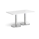 Dams Pisa rectangular dining table with white top and round chrome bases, modern design for kitchen or dining room.