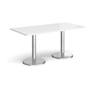 Dams Pisa rectangular dining table with white top and round chrome bases, modern design for kitchen or dining room.