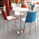 Dams Pisa rectangular poseur table with beech surface and round chrome bases, suitable for modern dining or bar areas.