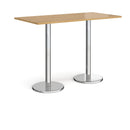 Dams Pisa rectangular poseur table with oak tabletop and round chrome bases, ideal for modern commercial or dining spaces.