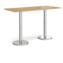 Pisa rectangular poseur table with oak top and round chrome bases by Dams, ideal for modern dining or bar areas.