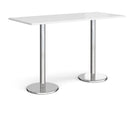 Dams Pisa rectangular poseur table with white top and round chrome bases, ideal for modern bar or cafe settings.