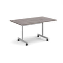 Rectangular fliptop meeting table with silver frame and grey oak surface by Dams, showing the fliptop mechanism and sleek design.