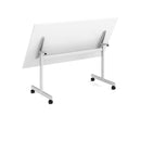 Dams rectangular fliptop meeting table with silver frame and grey oak surface, shown tilted with a clean, modern design.