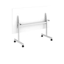 Rectangular fliptop meeting table with silver frame and grey oak surface by Dams, shown with tilt feature in the image.