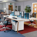 Blue fabric straight desktop screen with black aluminum frame, designed by Dams for office privacy and style.