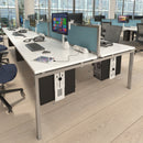 Blue fabric straight desktop screen with silver aluminum frame by Dams, showcasing a modern office partition.