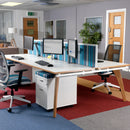 Blue fabric desktop screen with silver aluminum frame by Dams, providing privacy and style for office spaces.