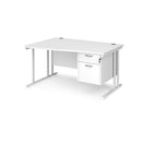 White Dams Maestro 25 Wave Desk with cantilever leg and fixed 2-drawer pedestal, shown from the left side.