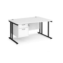 White Maestro 25 Wave Desk by Dams with cantilever leg and fixed 2-drawer pedestal, shown from left side