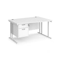 White Dams Maestro 25 Wave desk with cantilever legs and fixed 2-drawer pedestal, shown from the left side.