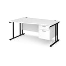 White Maestro 25 Wave Desk with cantilever leg and fixed 2-drawer pedestal, designed by Dams, shown from the left side.