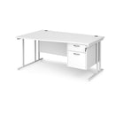 White Maestro 25 Wave desk with cantilever legs and fixed 2-drawer pedestal, designed by Dams, shown from the left side.