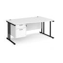 White Dams Maestro 25 Wave Desk with cantilever leg and fixed 2-drawer pedestal, shown from the left side.