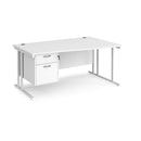 White Maestro 25 Wave Desk with cantilever leg and fixed 2 drawer pedestal, manufactured by Dams, shown from left side.