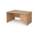 Dams Maestro 25 Wave Desk with panel end leg and fixed 3-drawer pedestal in beech wood, showing the desk's wave shape and storage.