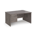 Dams Maestro 25 Wave Desk with panel end leg and fixed 3-drawer pedestal in grey oak finish, showing the desk's wave-shaped top.