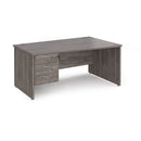 Dams Maestro 25 Wave Desk with panel-end leg and fixed 3-drawer pedestal in grey oak finish on an office floor.