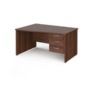 Walnut Maestro 25 Wave Desk with panel end leg and fixed 3-drawer pedestal, designed by Dams for modern office workspace.