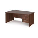 Dams Maestro 25 Wave Desk with Walnut finish, panel end leg, and fixed 3-drawer pedestal on a white background.