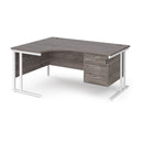 Dams Maestro 25 ergonomic grey oak desk with cantilever leg and fixed 3-drawer pedestal, shown from left side.