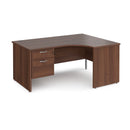 Dams Maestro 25 ergonomic walnut desk with panel end leg and fixed 2-drawer pedestal, showing the workspace and leg design.