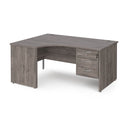Dams Maestro 25 ergonomic desk with panel end leg and fixed 3-drawer pedestal in grey oak finish.