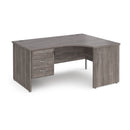 Dams Maestro 25 ergonomic grey oak desk with panel end leg and fixed three-drawer pedestal showing clean workspace design.