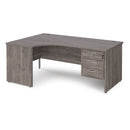 Dams Maestro 25 ergonomic grey oak desk with panel end leg and fixed 3-drawer pedestal, showcasing modern office workspace design.