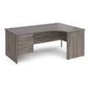 Dams Maestro 25 ergonomic grey oak desk with panel end leg and fixed 3-drawer pedestal, shown from side angle.