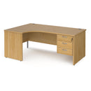 Dams Maestro 25 ergonomic oak desk with panel end leg and fixed 3-drawer pedestal, showcasing the workspace and design features.