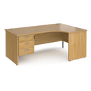 Dams Maestro 25 ergonomic oak desk with panel end leg and fixed 3-drawer pedestal shown from the left side.
