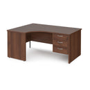 Dams Maestro 25 ergonomic walnut desk with panel end leg and fixed 3-drawer pedestal, showing the left side and workspace.