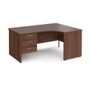 Dams Maestro 25 ergonomic walnut desk with panel end leg and fixed 3-drawer pedestal, shown from the left side.