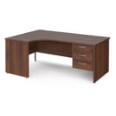 Dams Maestro 25 ergonomic walnut desk with panel end leg and fixed three-drawer pedestal, showing a spacious workspace.