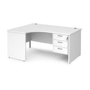 Dams Maestro 25 ergonomic white desk with panel end leg and fixed 3-drawer pedestal, ideal for office workspace.