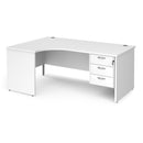Dams Maestro 25 ergonomic white desk with panel end leg and fixed 3-drawer pedestal for office workspace.