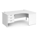 White Dams Maestro 25 ergonomic desk with panel end leg and fixed 3-drawer pedestal, shown from the left side.