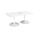 White rectangular Dams boardroom table with central cut-out and trumpet-shaped base, ideal for conference and meeting rooms.